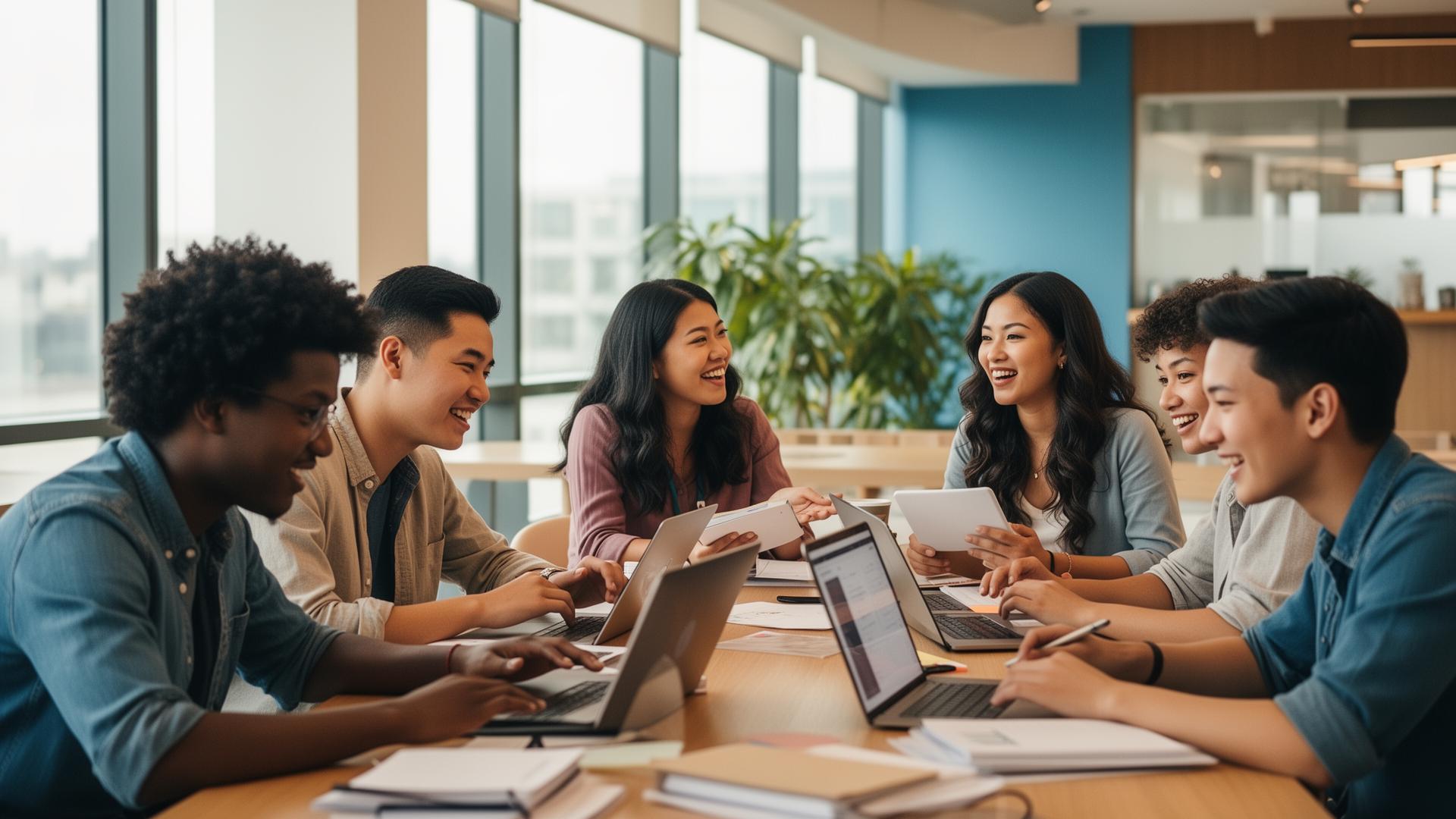 Diverse young professionals collaborating with laptops in a modern workplace